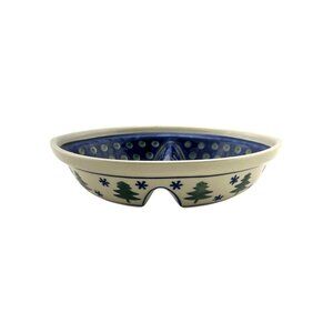 Boleslawiec Divided Dish Trees Snowflakes Blue Interior Green Dots 8 x 7 x 2"